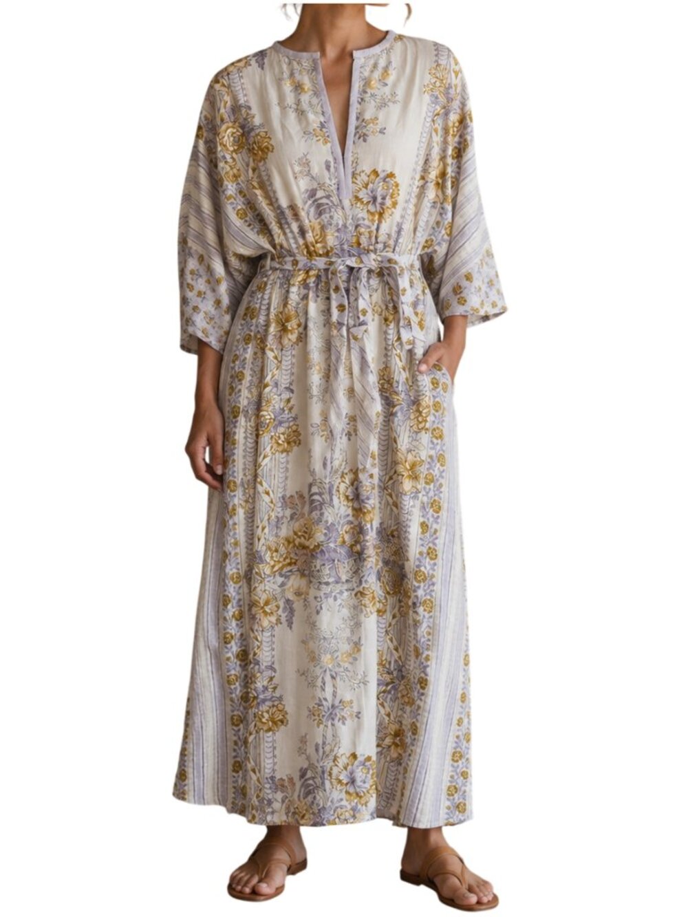 D'Ascoli Floral Kaftan dress swim coverup white purple gold one size cotton
